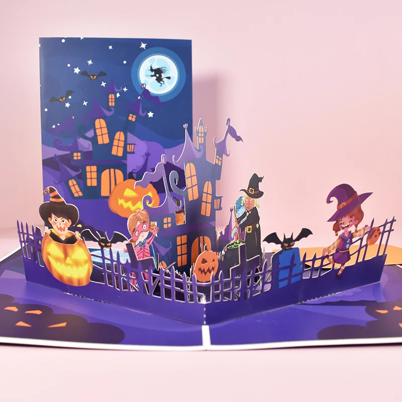 

2025 New Halloween Greeting Cards 3D Pop-up Folded Card Paper Carving Pumpkin Witch Castle Party Favor