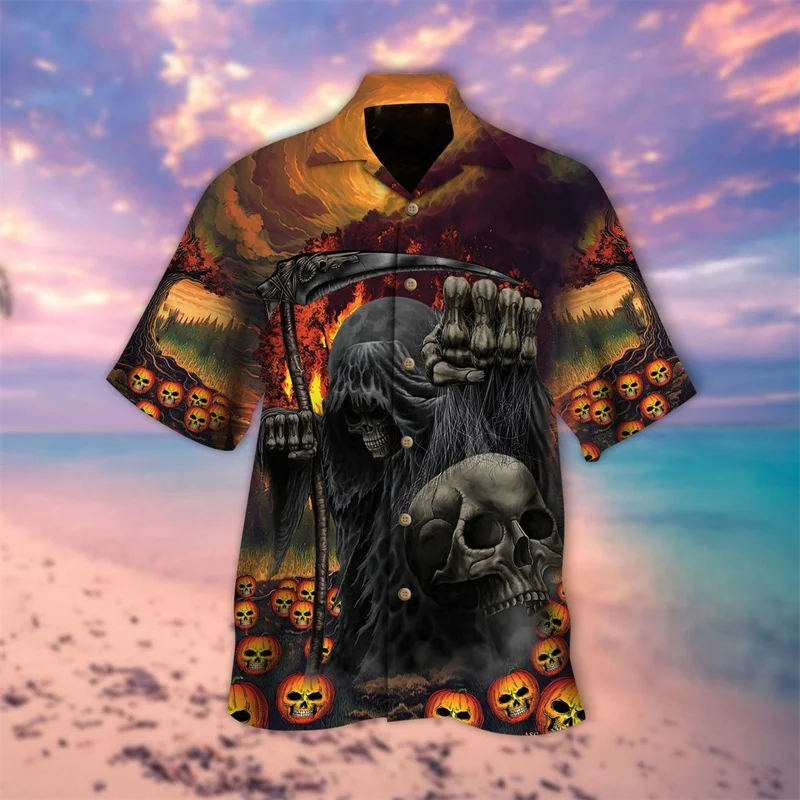 Mens Skull Print Shirt Halloween Cuban Neck Shirt Men's Fashion Terror Clothing Holiday Party Casual Top Mens Short Sleeve Shirt