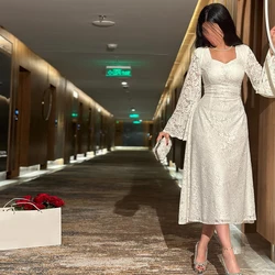 CustomizedLace Zipper Back Elegant Long Sleeves Square Neck Evening Dress Formal Tea Length Special Occasion Gowns Straight  Cus