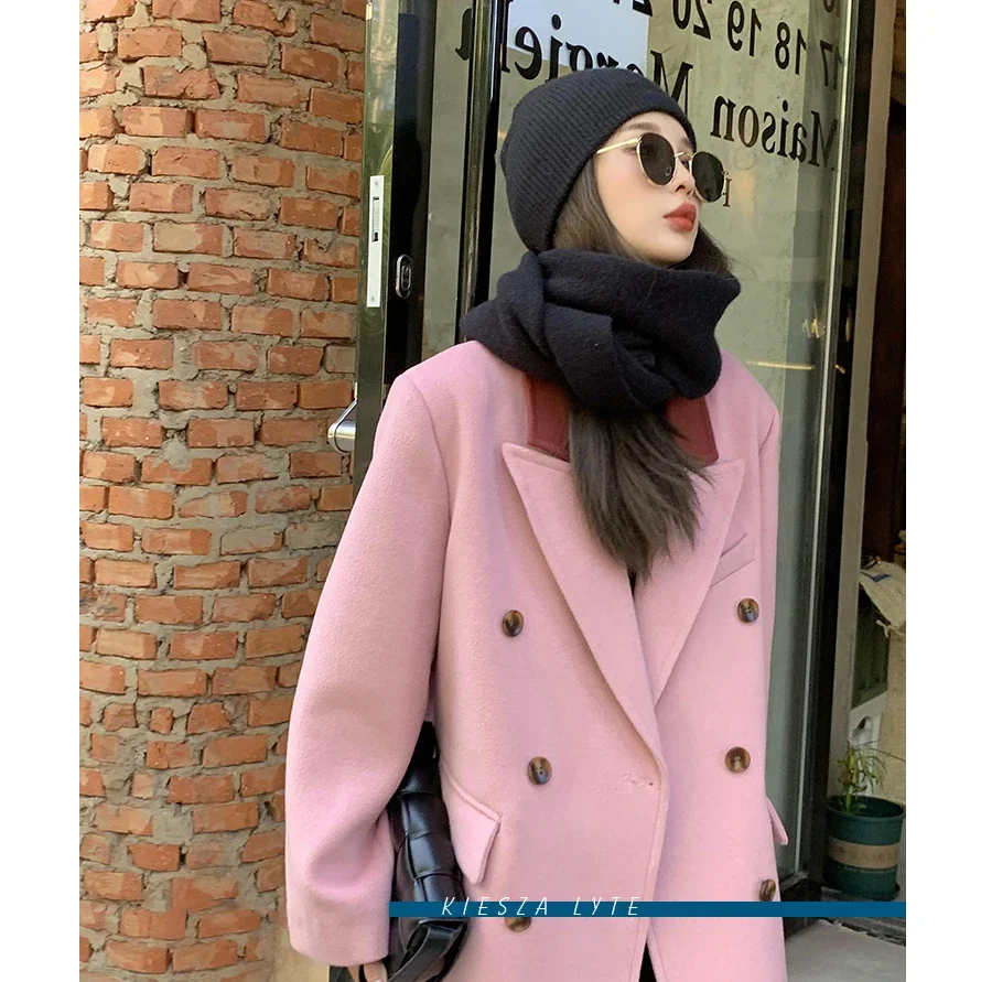 Women's Fashion Lapel Wool Coat Winter 2024 New Vintage Pink Warm Woolen Coats Female Casual Outerwear