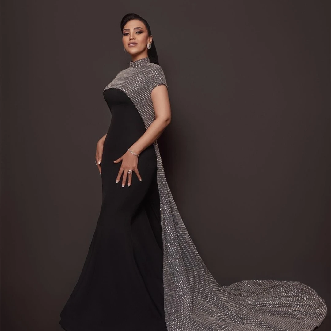 Brillo personalizado 	   Vestido de noche drapeado con lentejuelas y cuello alto para cóctel, vestido de boda 2023