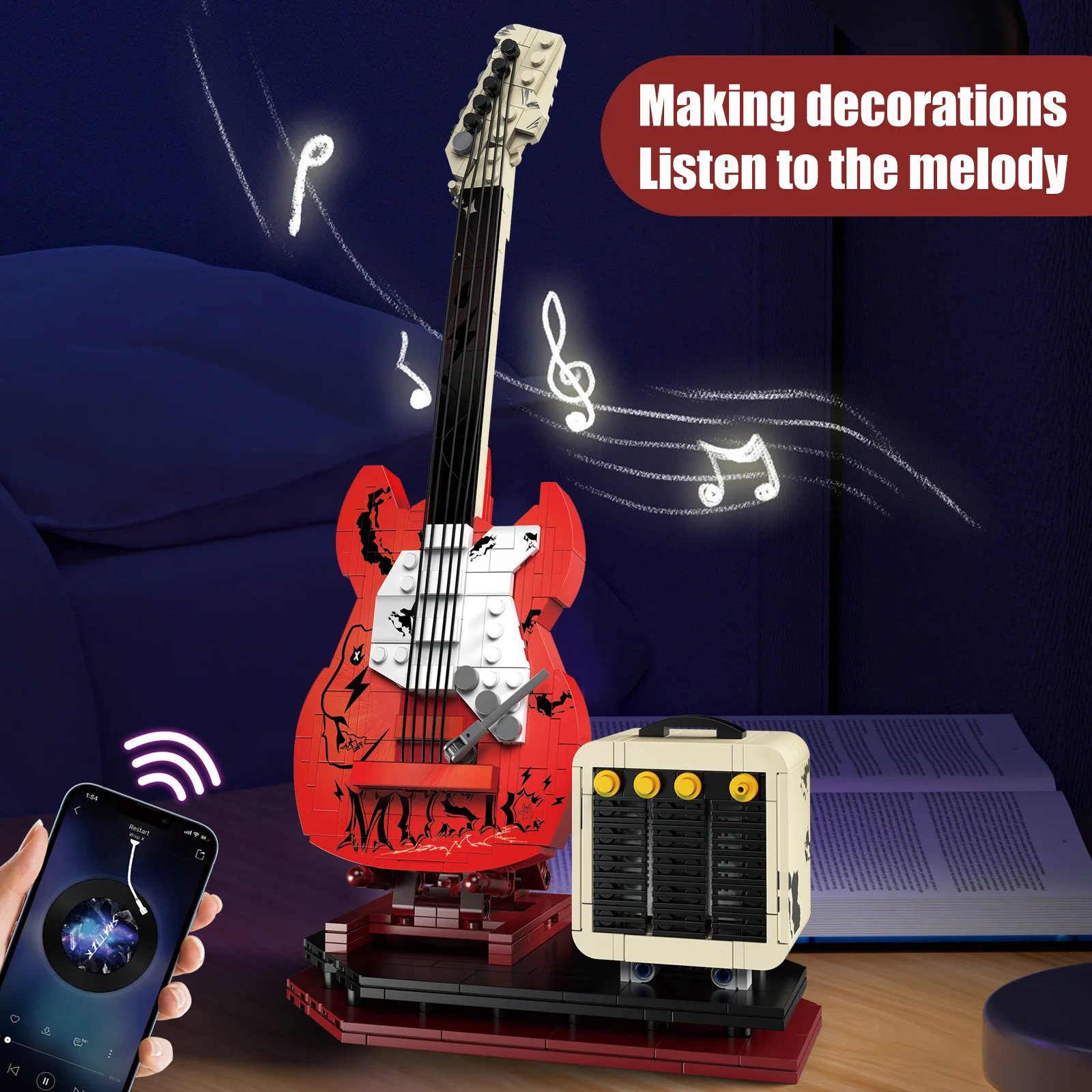 Guitarra Eléctrica con altavoz para niños y niñas, decoración creativa, aplicación Bluetooth, conectar MOC, bloques de construcción, juguete de