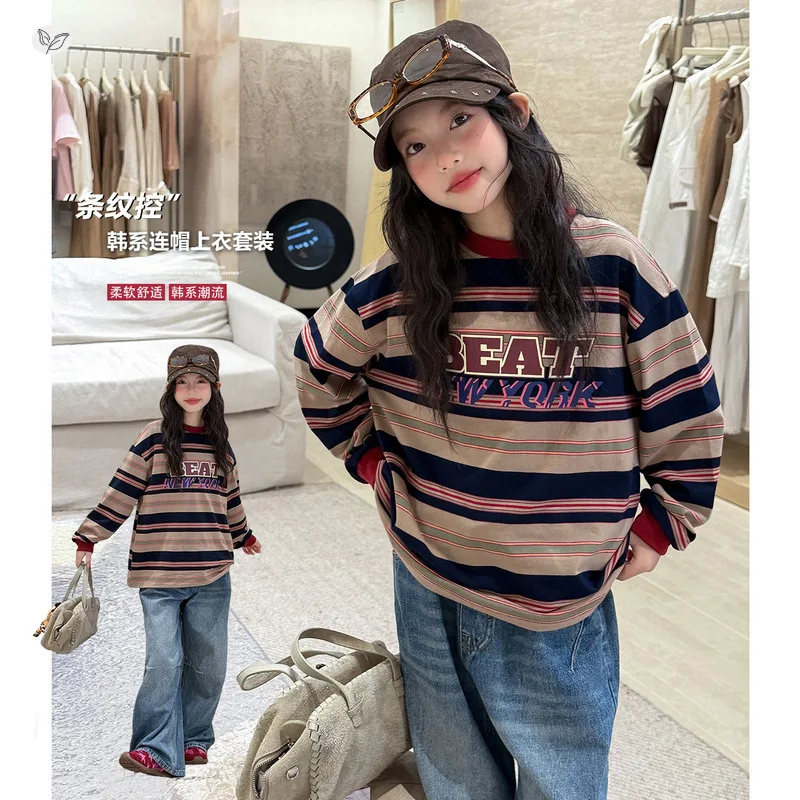 Girls' casual loungewear set2026Early autumn new collection: printed and striped designs for older childrenTT-shirt, undershirt,