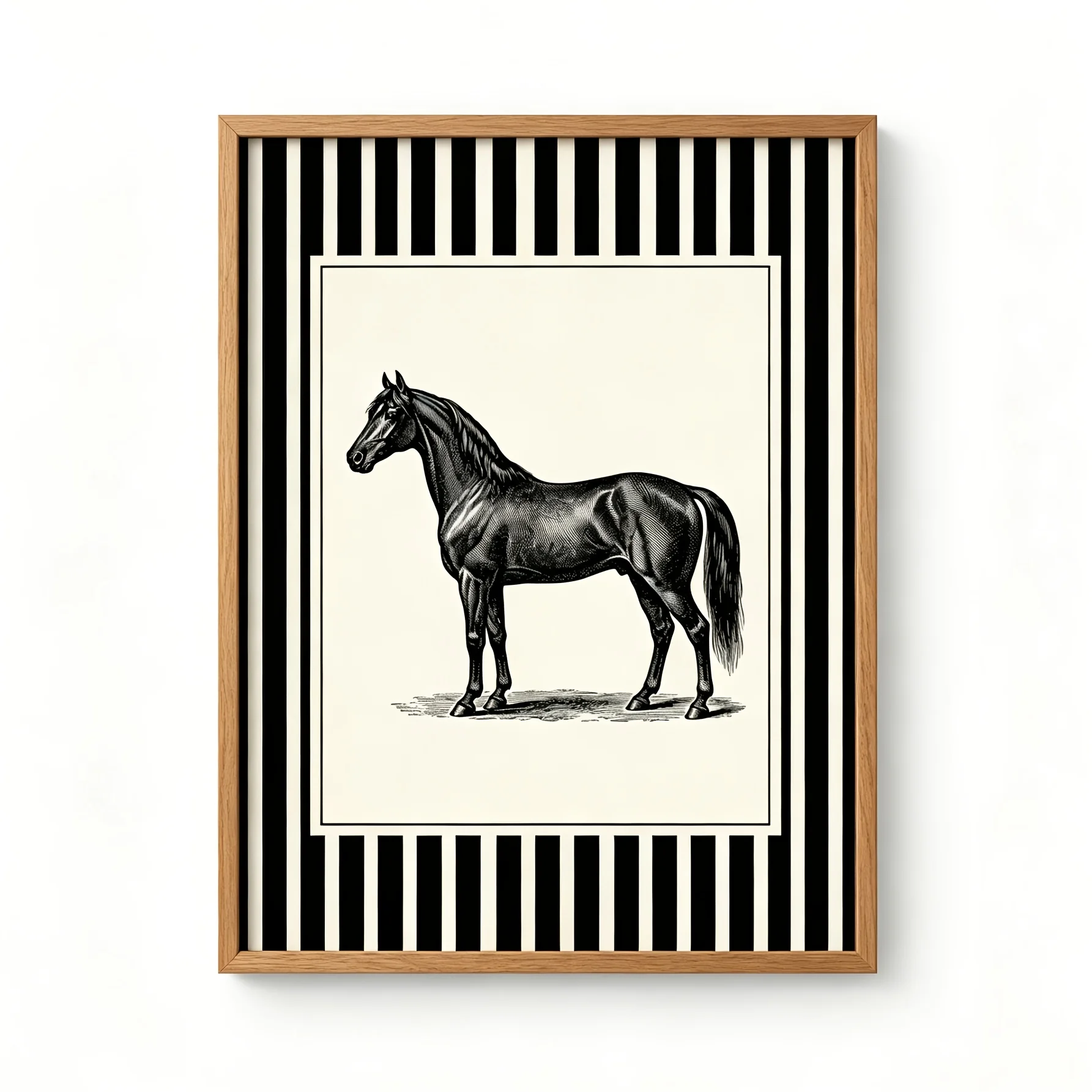 2D Flat, 2D Flat, Posters And Prints Elegant Equestrian Art Print, Vintage Black Horse Engraving with Striped Border Wall Pos