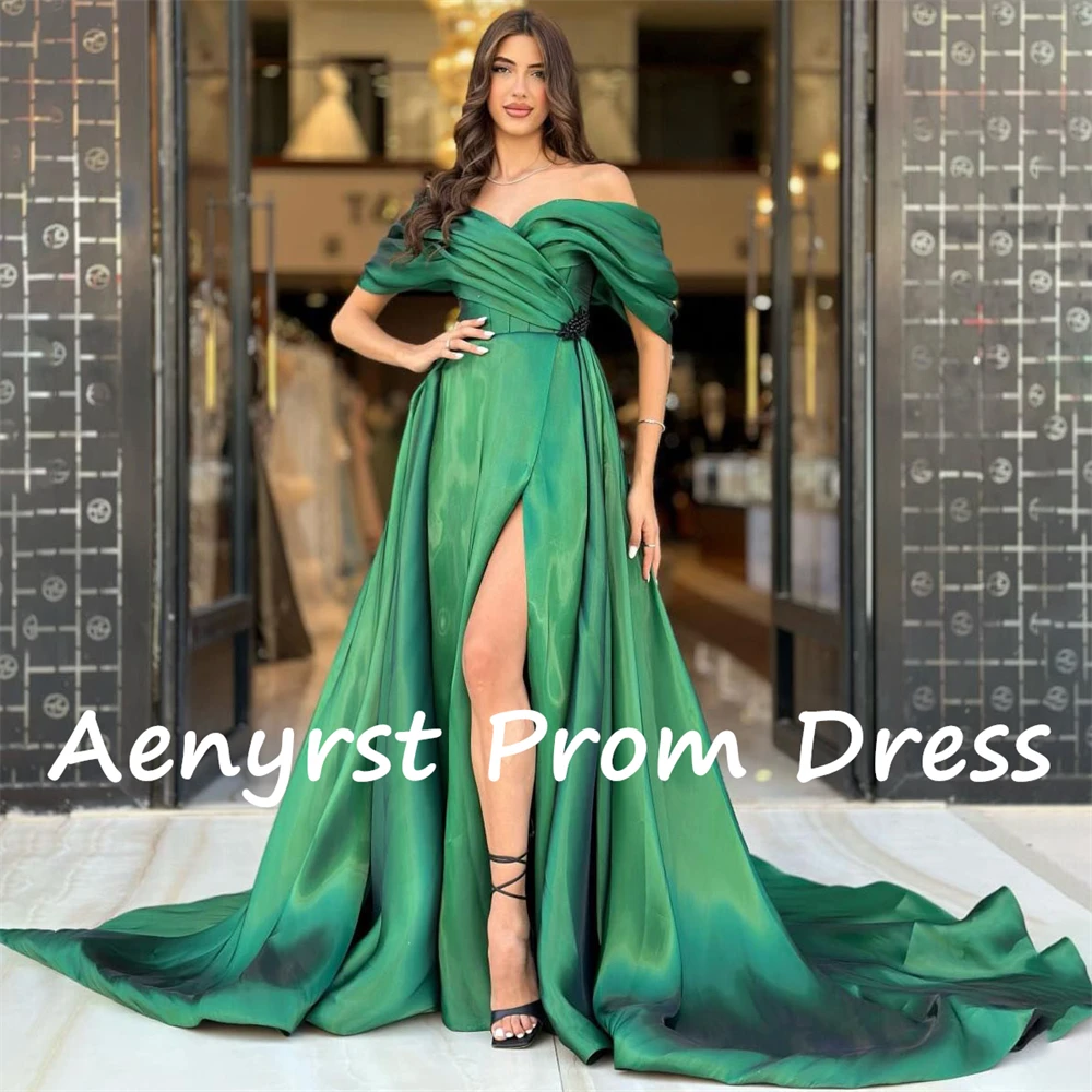 Aenyrst Elegante V-Hals Off Shoulder Prom Jurken Satijn A Line Split Avondjurken Vloerlengte Feestjurk Groen فساتين السهرة