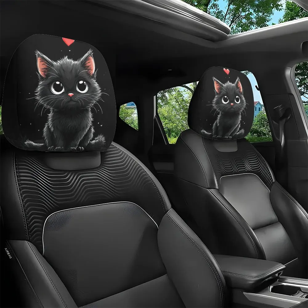 2Pcs Headrest Covers Car 2Pcs Headrest Covers Car Funny 2Pcs, cute big-eyed black cat printed car head pillowcase, four-season