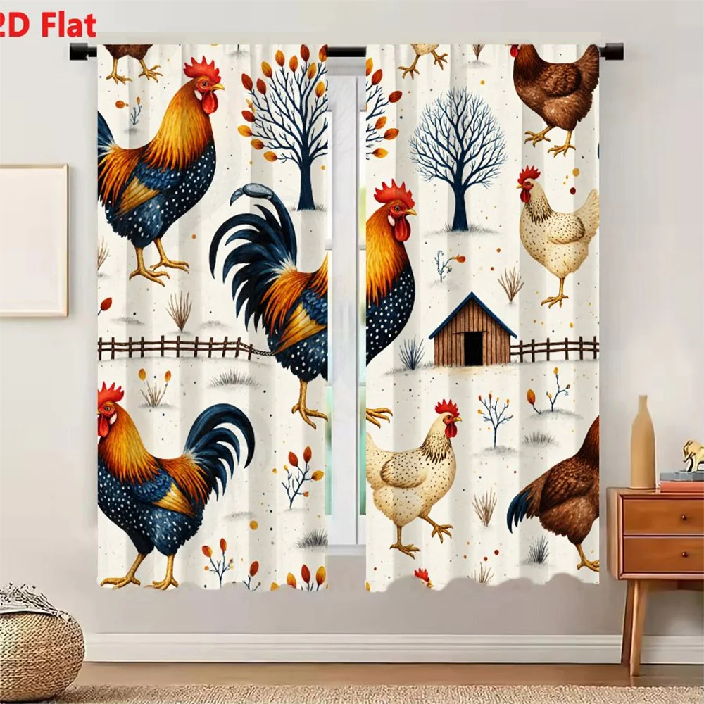 2Pcs Curtains 2D Flat Seamless Pattern With Stylized Chickens Roosters Hens Farm Elements Light Beige Background Blue Yellow Red