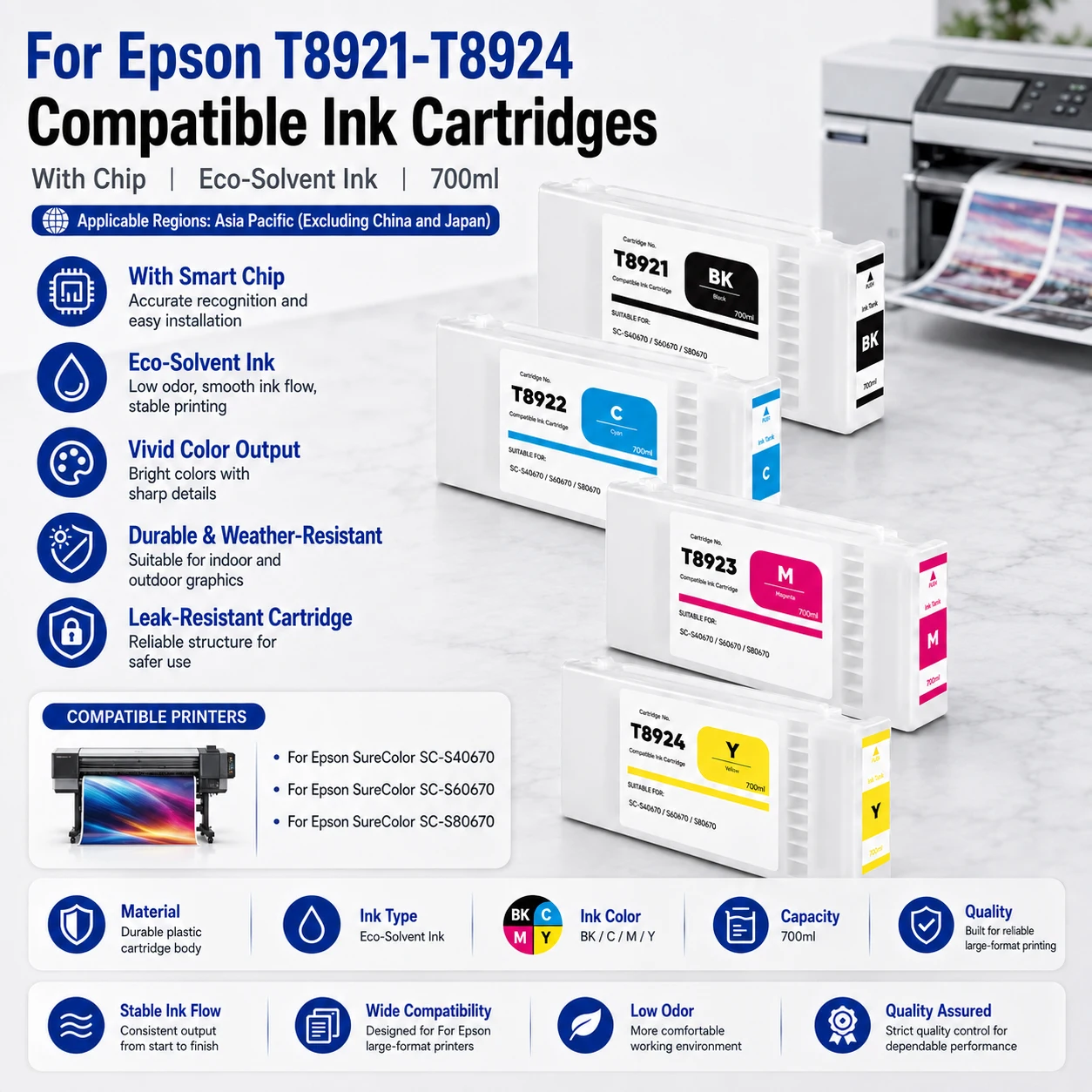 For Epson T8921 T8922 T8923 T8924 Ink Cartridge High Capacity 700ML Eco-Solvent Ink With Chip For SC-S40670 S60670 S80670
