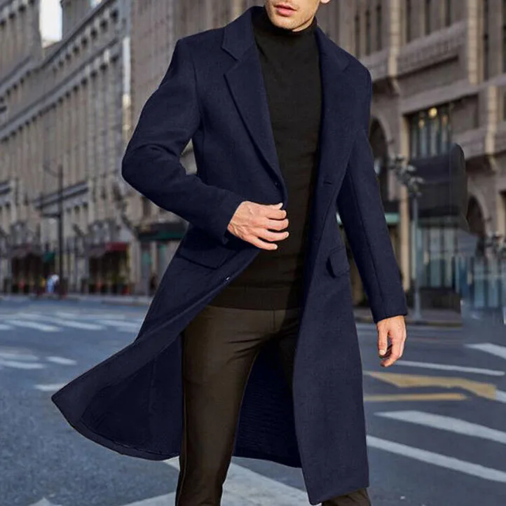 Men's Notch Lapel Double Breasted Long Trench Coat Casual Cotton Blend Peacoat