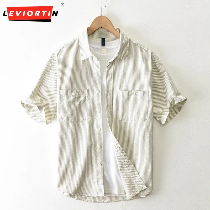 T235 Men's Summer Japanese Fresh and Fashionable Versatile Art Striped Short Sleeve Minimally Casual Breathable Collar Shirt