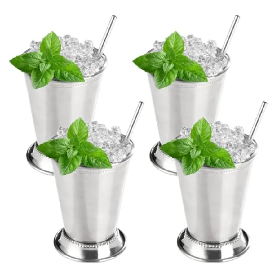 

12oz Mint Julep Cups with Straws Set of 4, Stainless Steel Beaded Mint Julep Cups, Mint Julep Glasses for Cocktails Mixed Drink