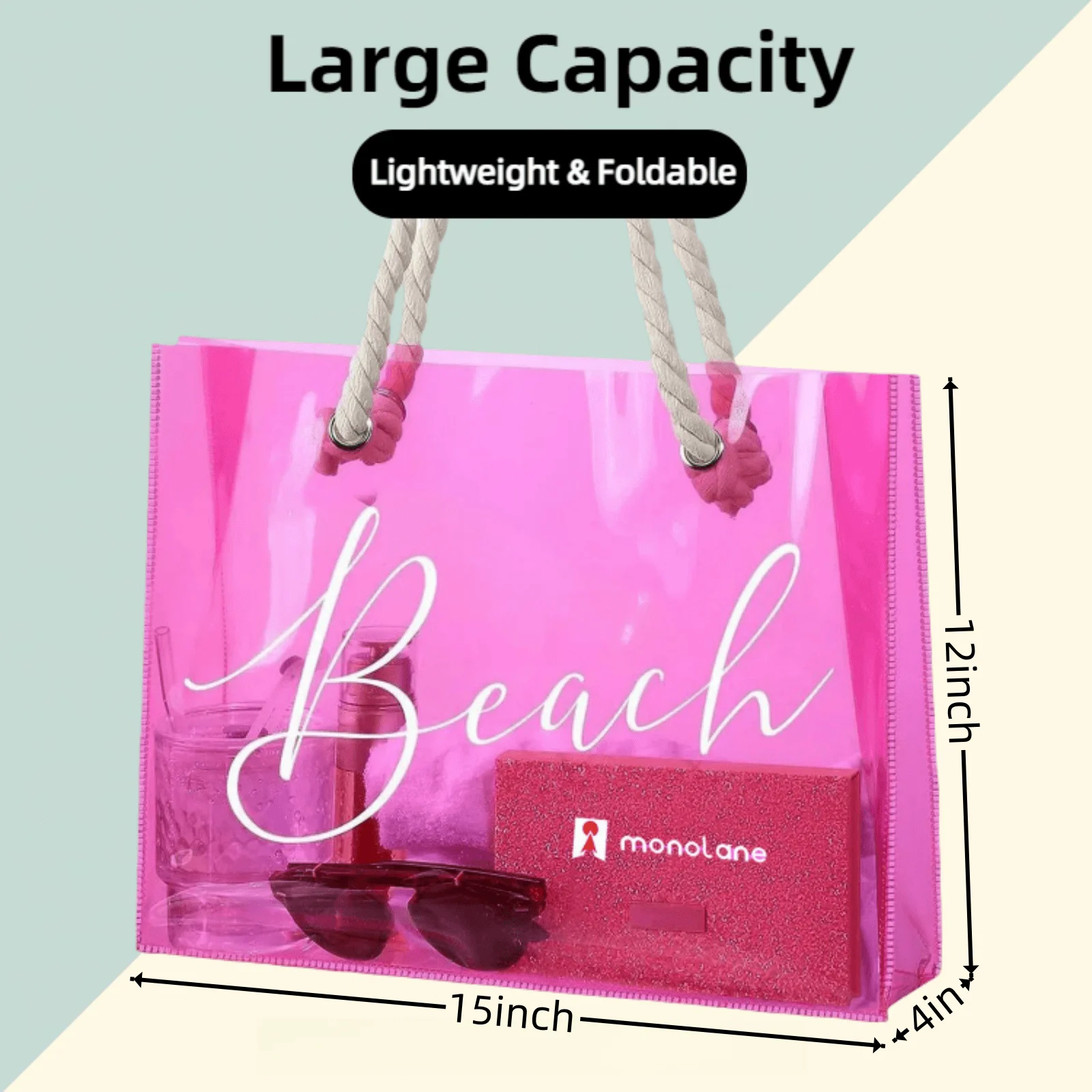 Pink transparent PVC beach tote, Swimming Clear Bag large capacity portable, bag for beach vacation