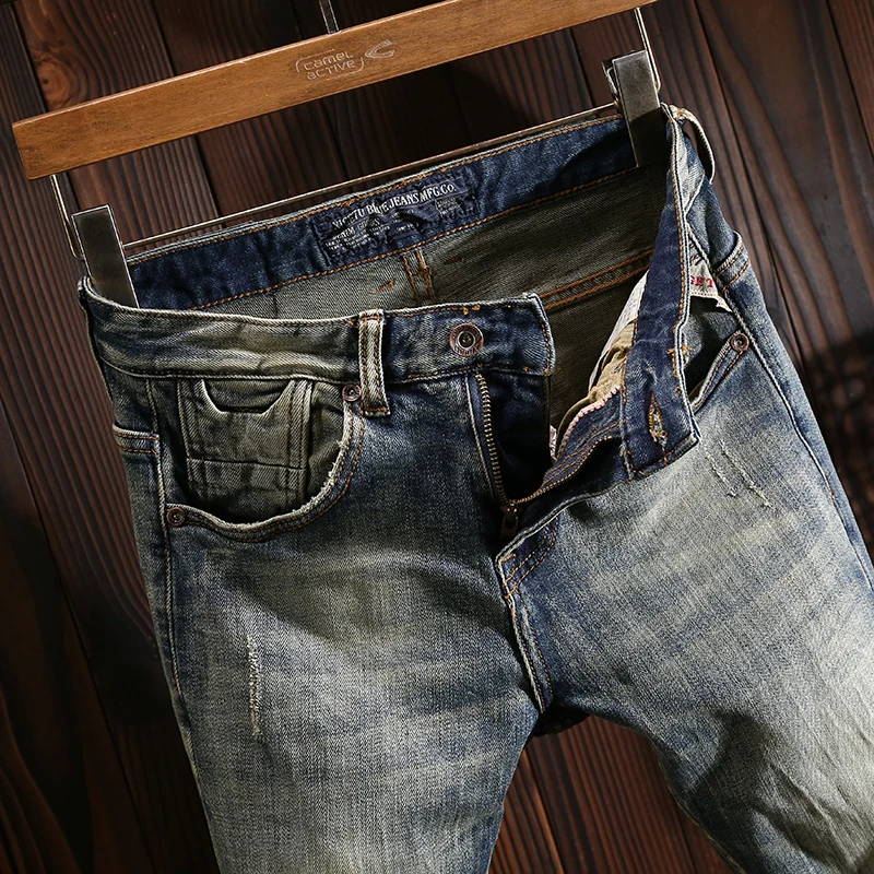 Italian Style Fashion Men Jeans High Quality Retro Washed Elastic Slim Fit Ripped Jeans Men Vintage Designer Denim Pants Hombre