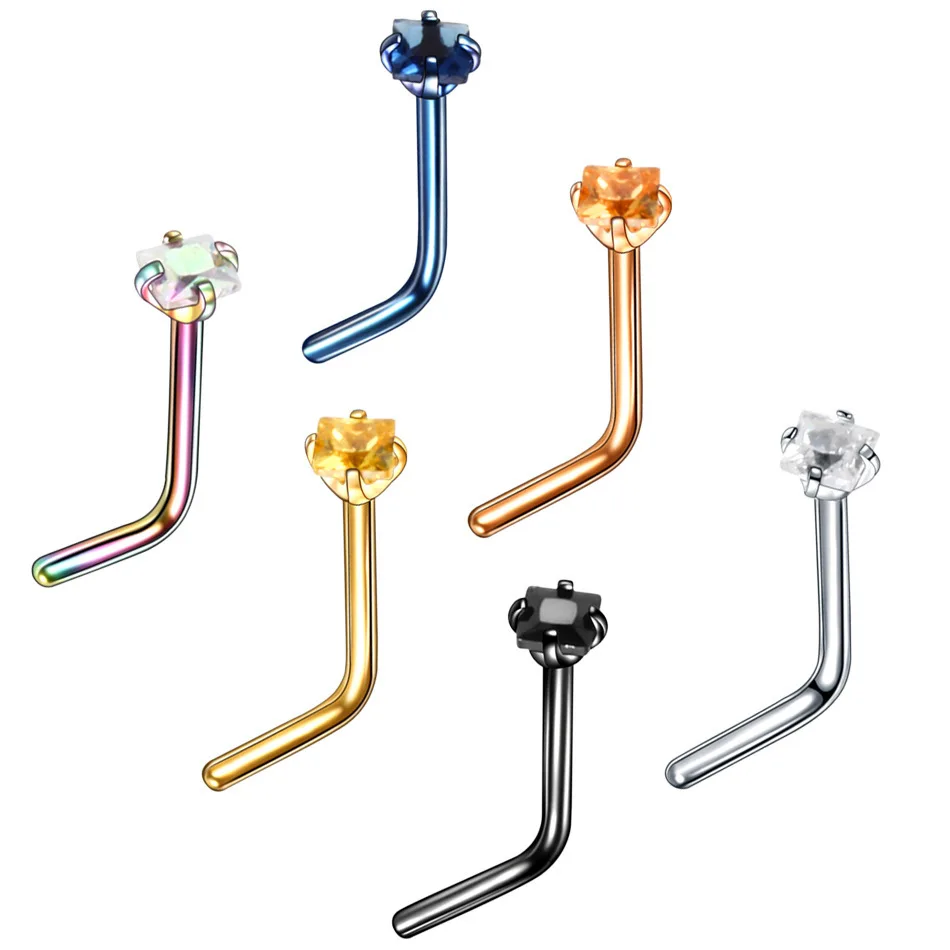 6 Piercing set stainless steel L-shaped square zirconium nose nail mixed color square zirconium bending rod L-shaped piercing je