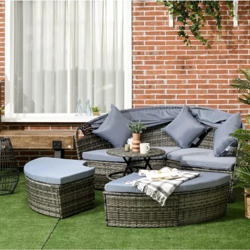 

XMSJ Outdoor Convertible Daybed, 4pc Furniture Set, Sofa, Tea Table, Chairs, Grey