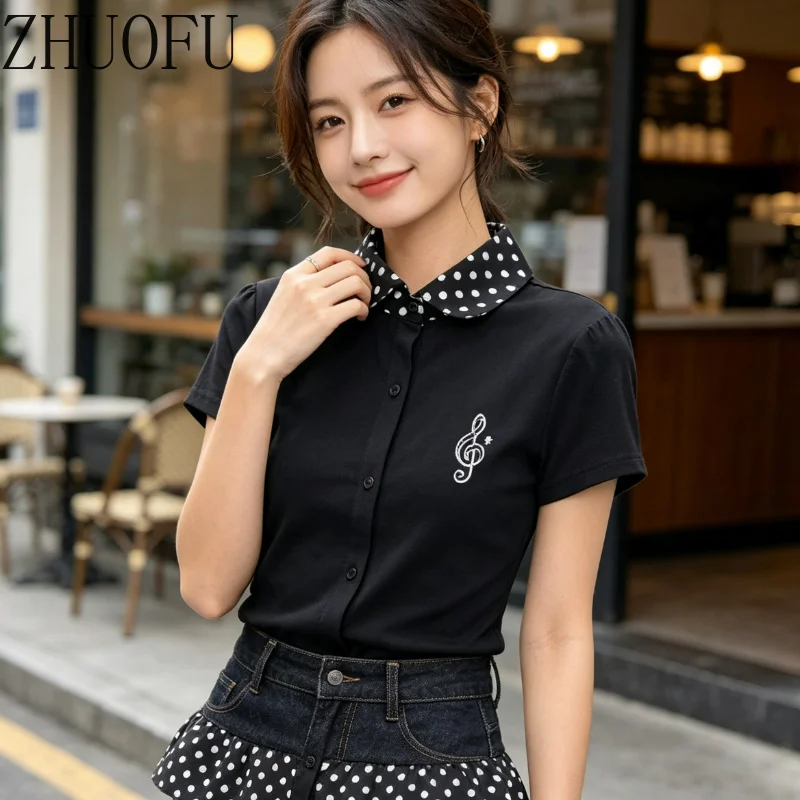 Korean Girl Black Polka Dot Splicing Doll Collar Short-sleeved T-shirt 2026 Summer Slimming Design Sweet Cool Ruffle Top Ladies