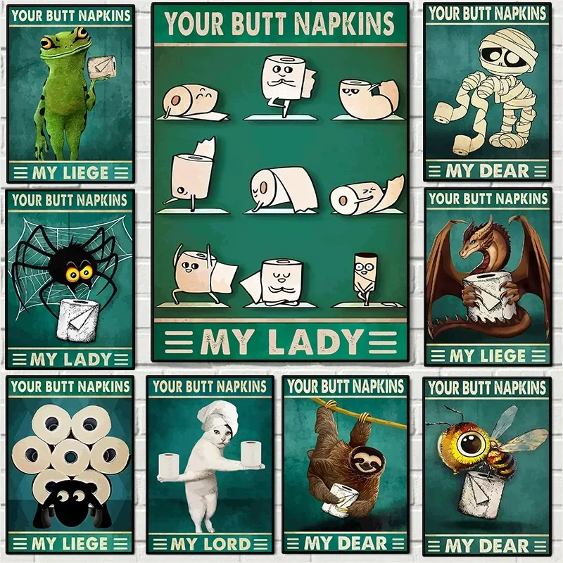 Vintage Funny Toilet Animals Holding Butt Napkins Wall Art Poster Print Amusing Toilet  Bathroom Home Decor Canvas Painting