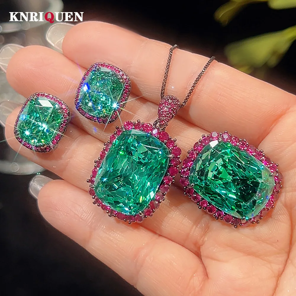 الفاخرة 15*20 مللي متر الأخضر التورمالين طقم مجوهرات قلادة عصابة قلادة أقراط للنساء روبي الأحجار الكريمة مجموعة الحفلات هدية للذكرى السنوية