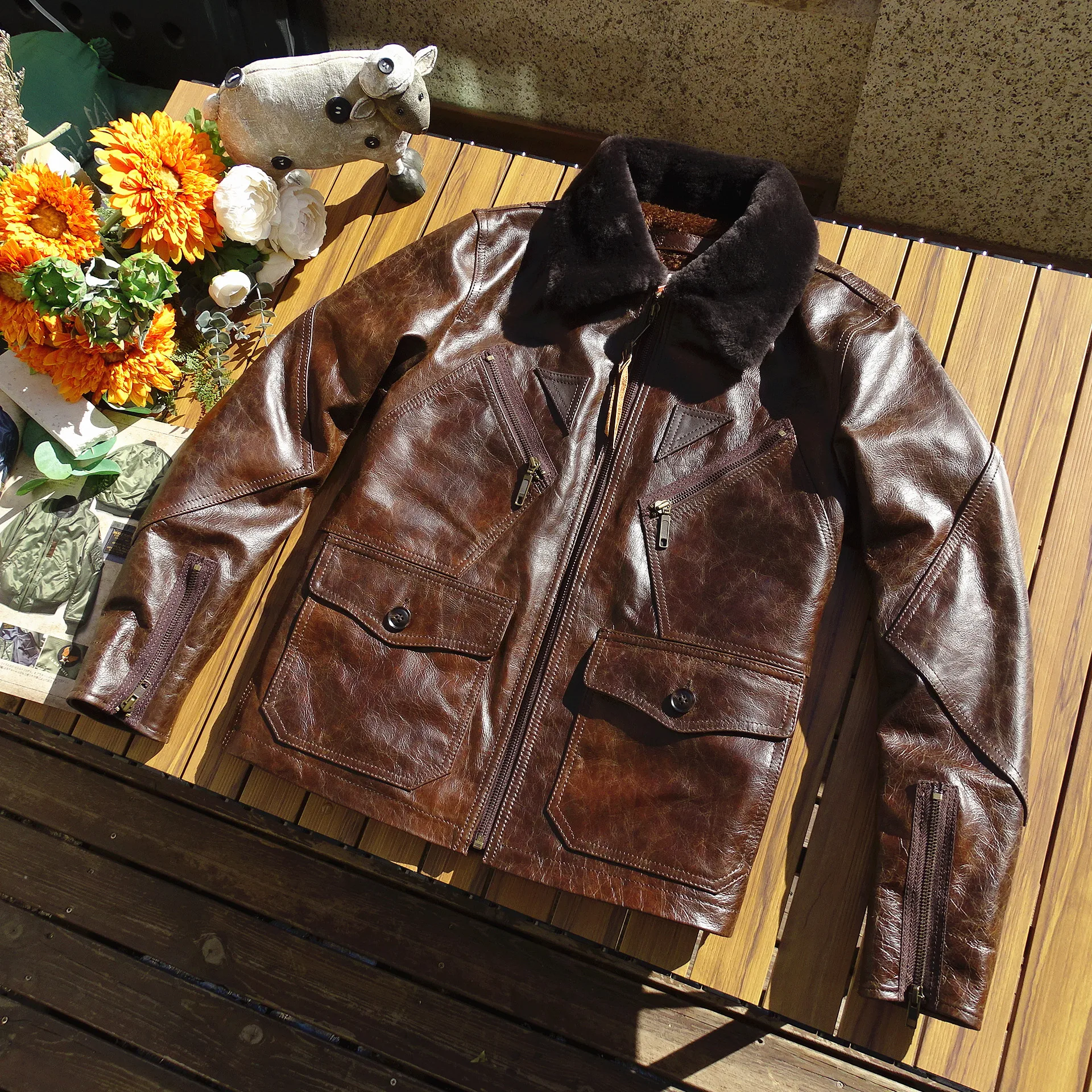 

Retro Brown navy thick winter warm leather outwear.Men vintage tanned cowhide jacket.plus size thick leather coat