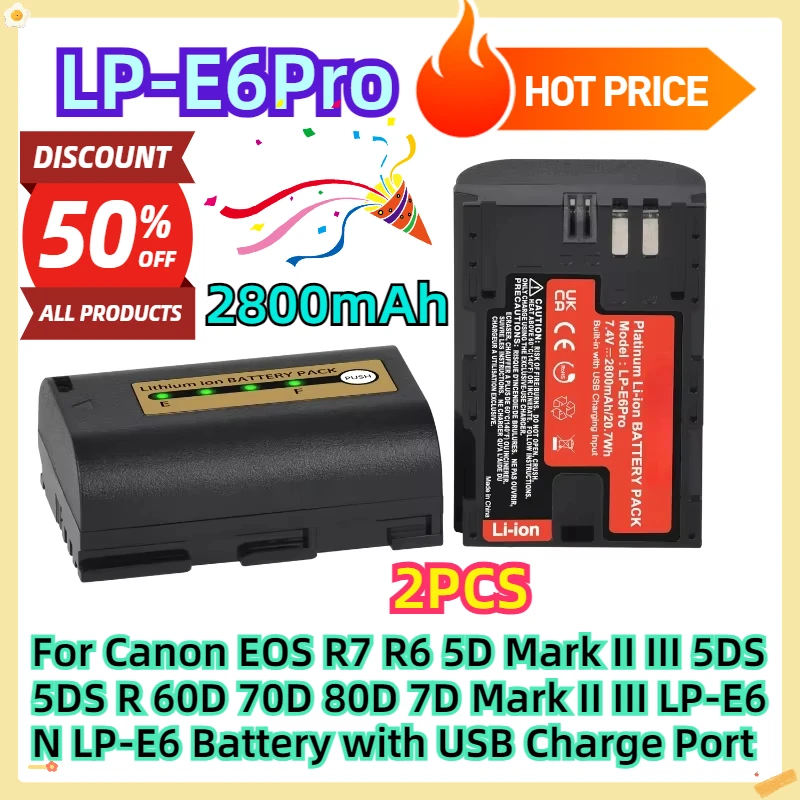 

For Canon EOS R7 R6 5D Mark II III 5DS 5DS R 60D 70D 80D 7D Mark II III LP-E6N LP-E6 Battery with USB Charge Port 2PCS