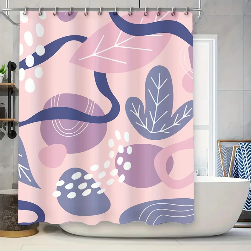 

Абстрактное искусство Гармония: розовая и фиолетовая занавеска для душа с геометрическим листом для современного и креативного декора ванной комнаты