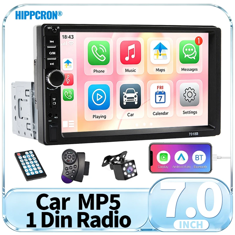 Hippcron 7-Zoll 1DIN Autoradio Multimedia MP5-Player Kabelgebundenes Carplay Android Auto HD-Touchscreen FM BT5.1 Mirror Link 12V