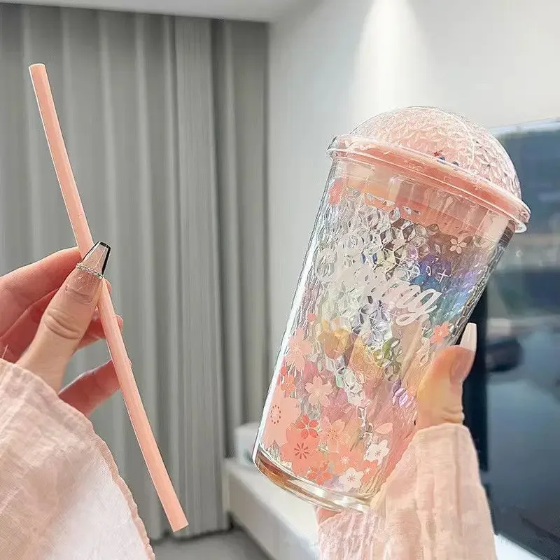 Korean Version Glass Straw Girl Net Student Instagram Water Cup with High Aesthetic Value, Office Household Milk Crushed Ice Cup