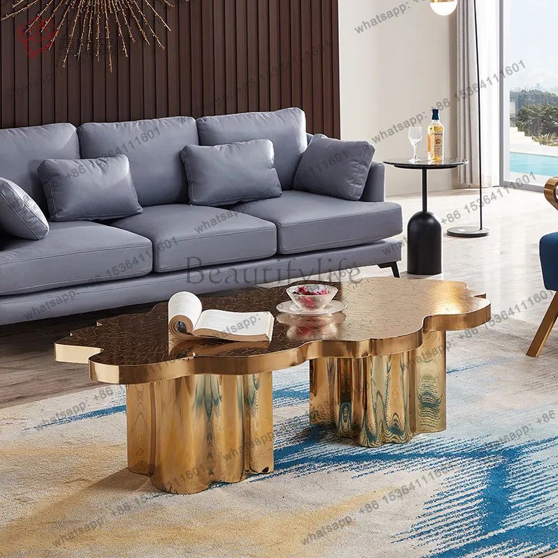 LS  Light Luxury Stainless Steel Coffee Table Special-shaped Tree Root Annual Ring Creative Club Large Living Room Tea Table