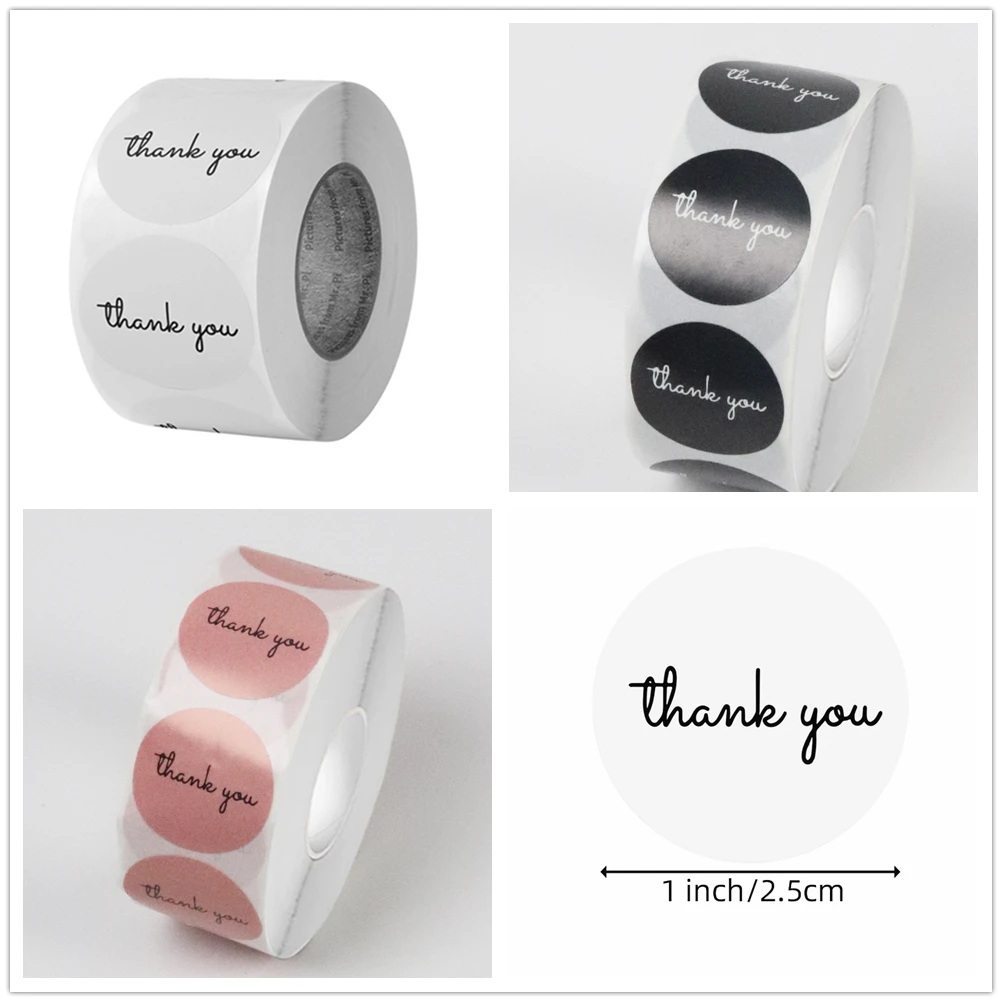 500 Thank You Stickers Roll 25mm Round Black White Pink Thank You Labels for Food Flower Business Gift Packaging Sealing