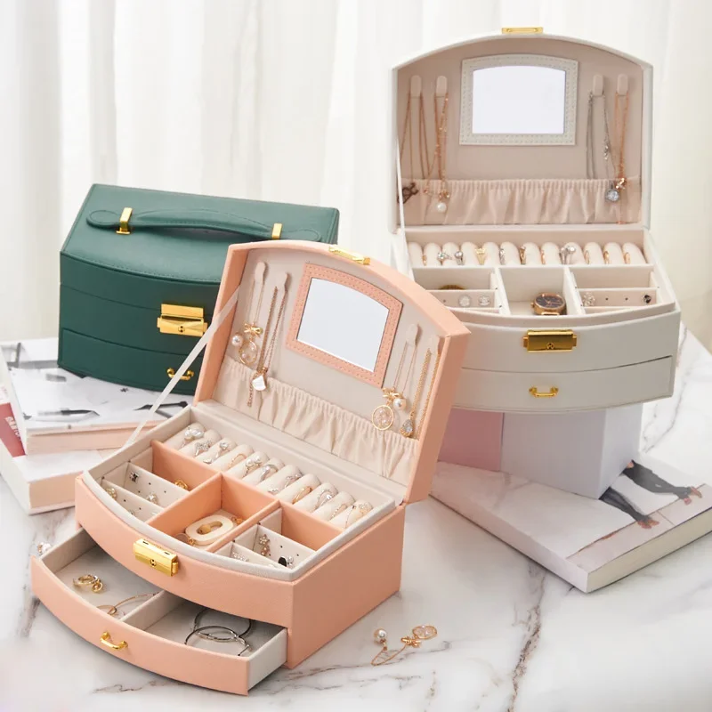 PU Leather Creative Durable Portable Jewelry Storage case White Double Layered Drawer Style Jewelry Travel Box Jewelry Box