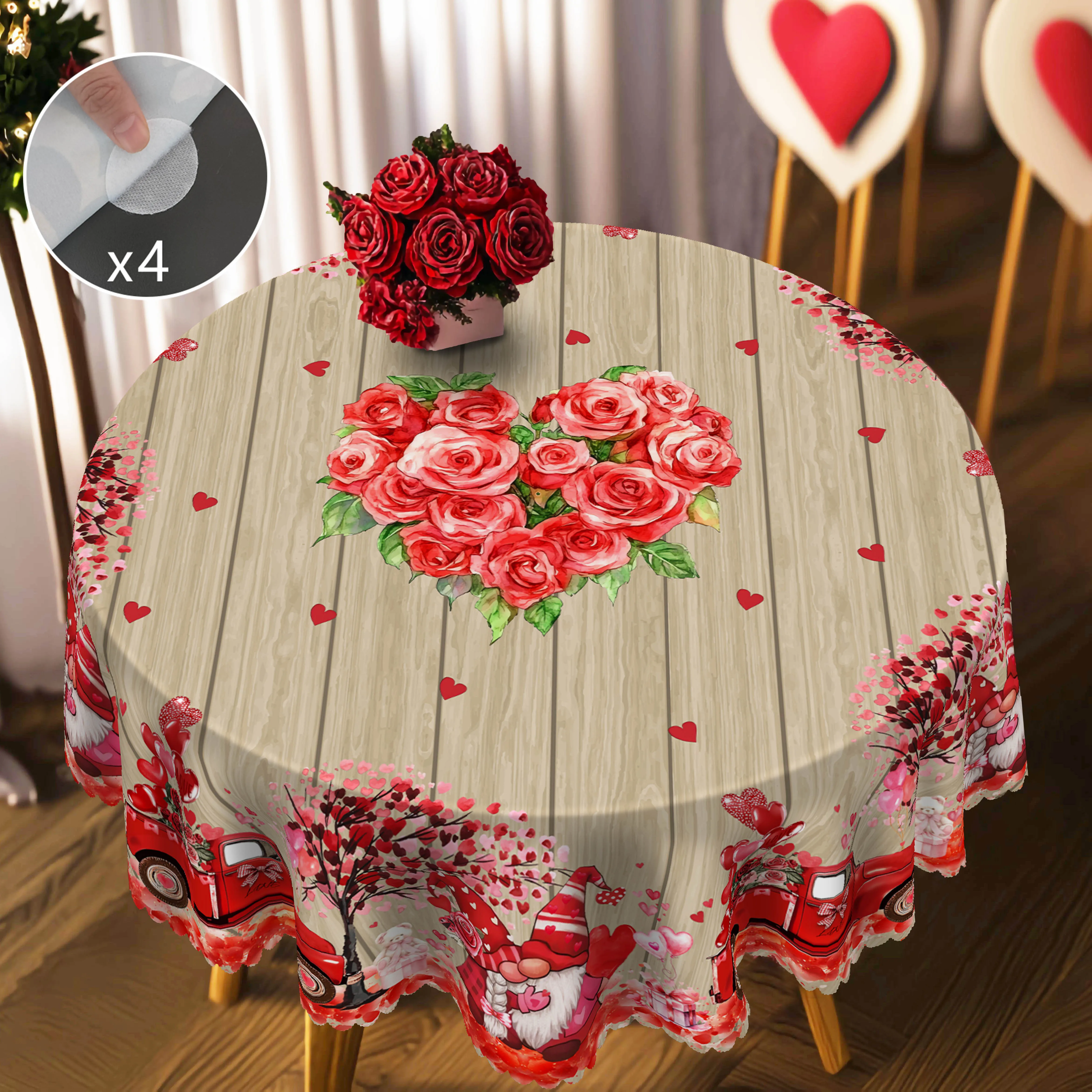 1 Piece Valentine's Day Round Tablecloth, Available in 5 Sizes, Heart Gnome Wood Grain Pattern Decorative Tablecloth, Comes with 4 Tablecloth Stickers, Embossed Edge Craftsmanship, Valentine's Day Decoration, Spring Garden Tablecloth Decoration, Suitable for Daily Home Kitchen and Patio Use, Valentine's Day Gift