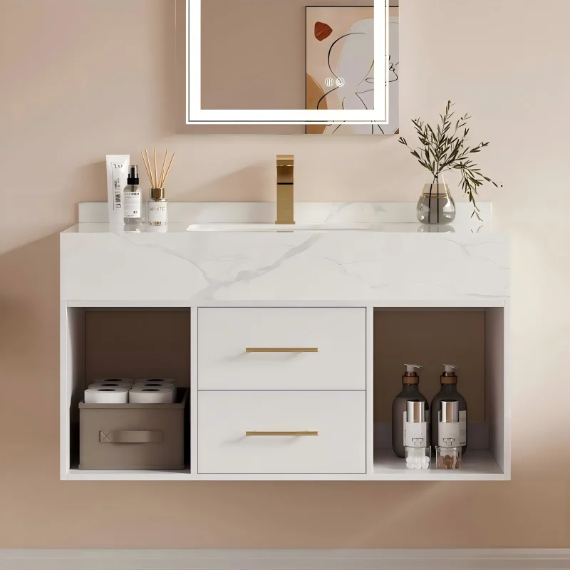 *&Luxury Modern Solid Wood Bathroom Vanity Cabinet LED Touch Illuminate Mirror Wall-Mounted for Hotel Villa Use Durable
