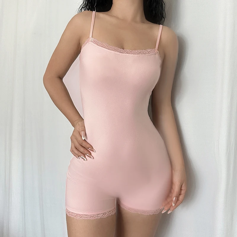 Rapcopter y2k Lace Pink Playsuits O Neck Backless Spaghetti Strap Bodysuits Women Streetwear Harajuku Cute Bodycon Slim Cloth