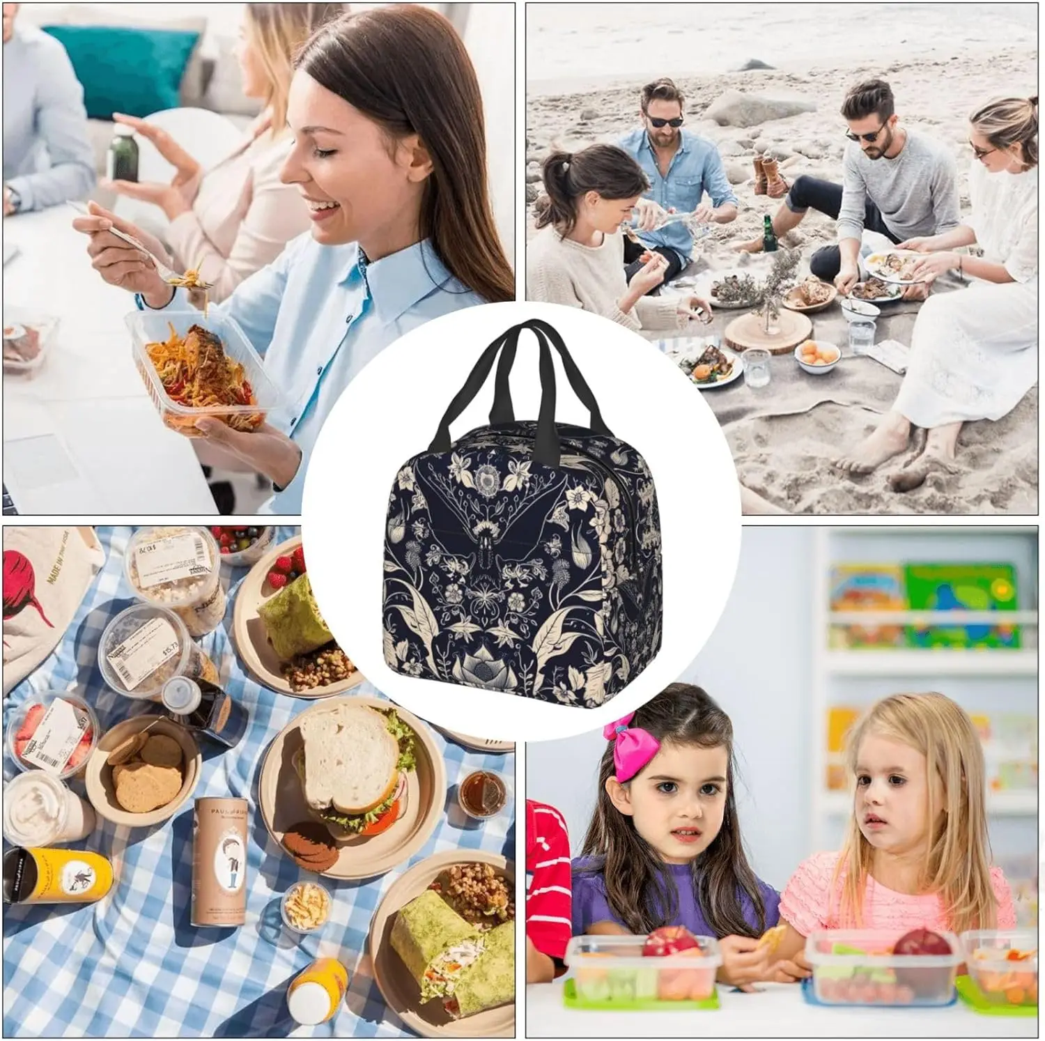 Bat Flower Cute Lunch Bag for Kids Girls Boy Reusable Lunch Box Waterproof Thermal School Tote Bag Lunch Container Cooler Bag