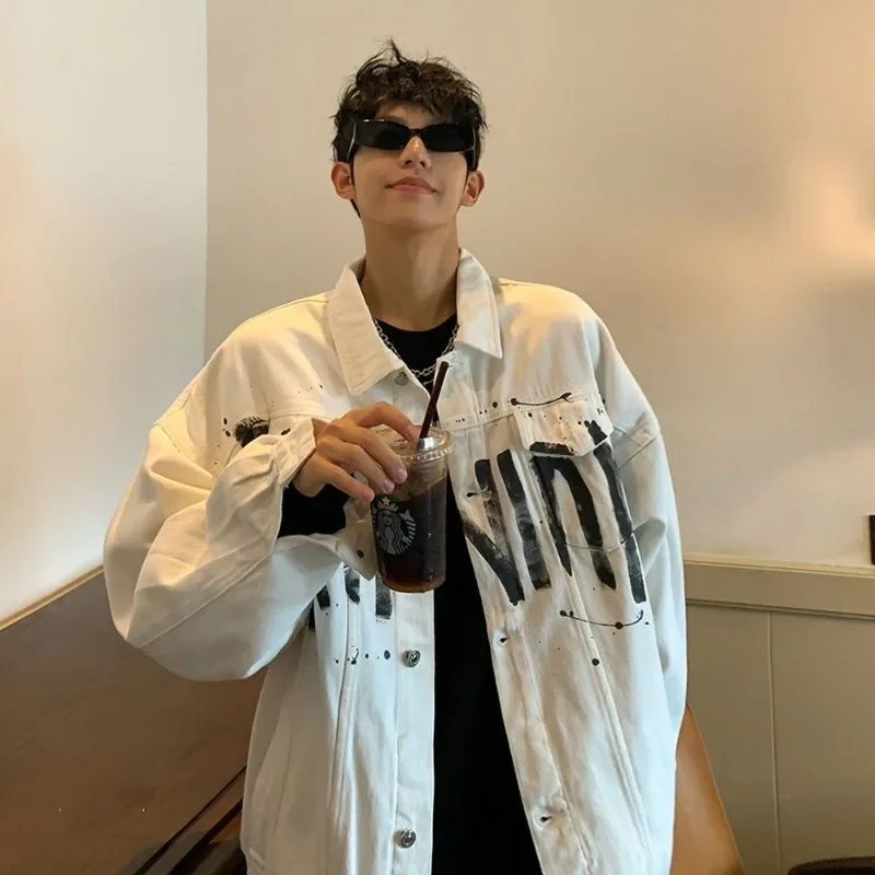 

Autumn with Print Male Jean Coats Cheap Price Stylish Joker Outwear Loose Winter Outerwear Size L Original Men's Denim Jacket