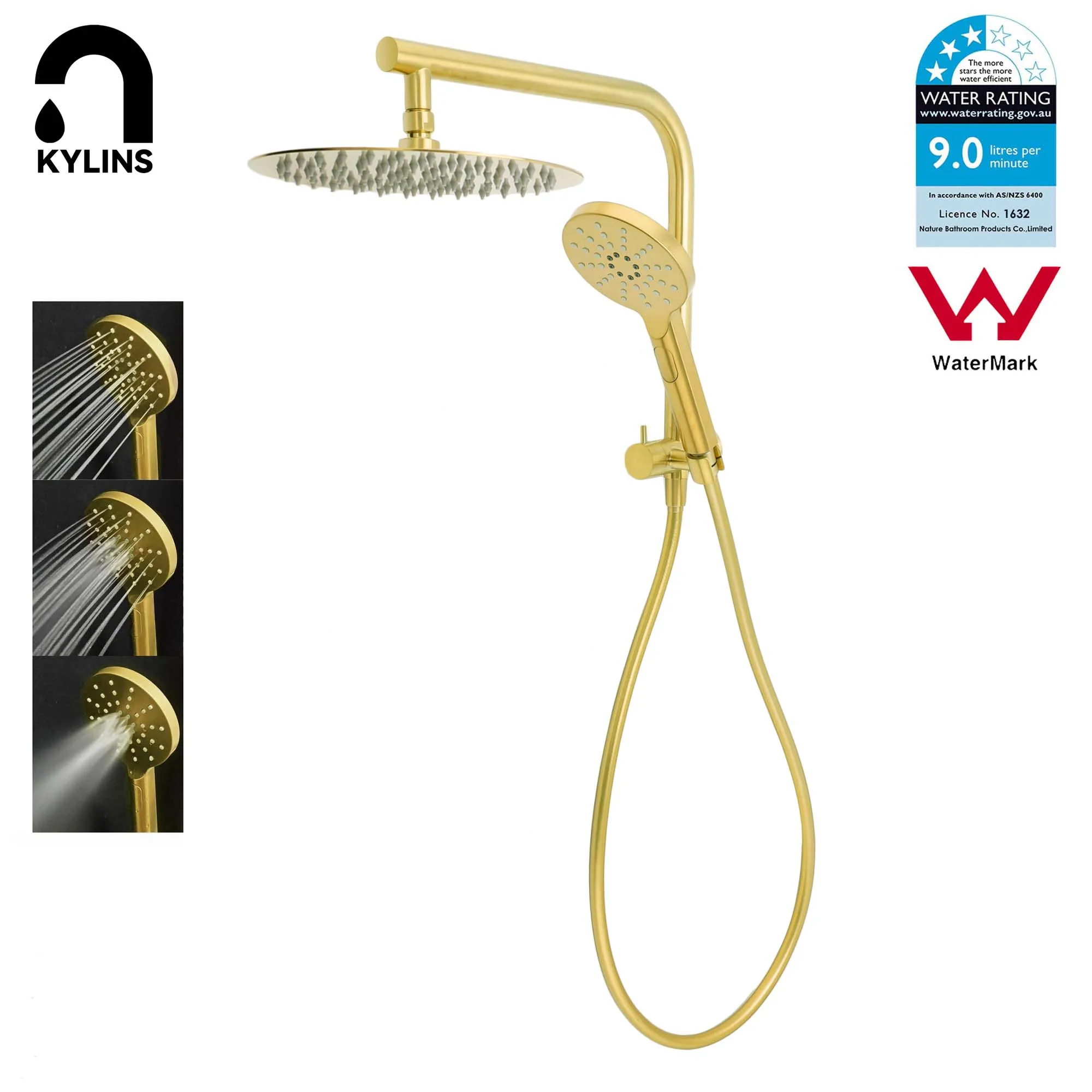 **Sydney Stock** KYLINS Twin Round Rain Shower Head Set 2 In 1 Wall Arm Diverter Brushed Gold DIY WELS WATERMARK