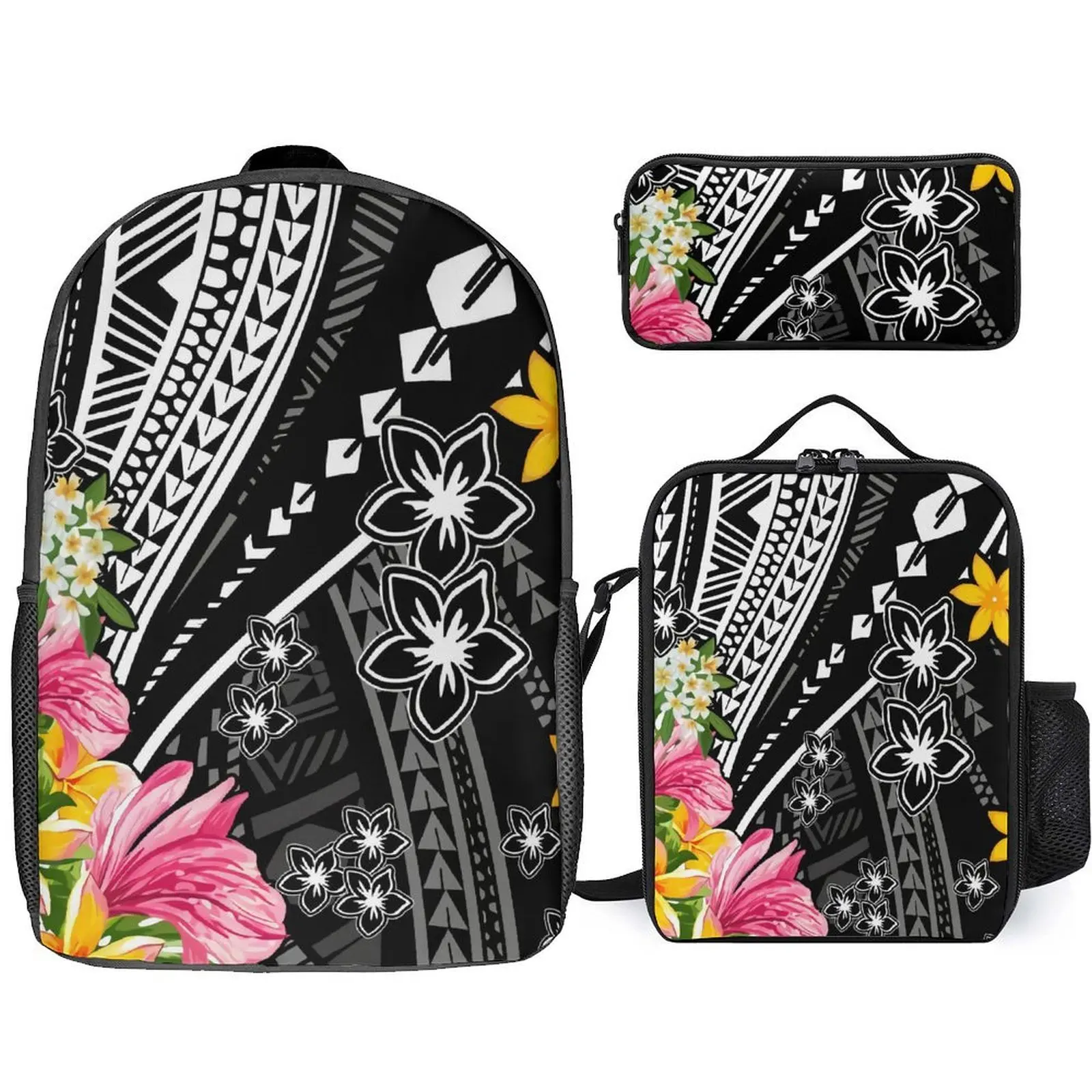 

Fiji 3-Piece Set Backpacks And Meal Bags Pen Cases New Custom Fashionable Flower Bags Casual Polynesian Notebook Backpacks