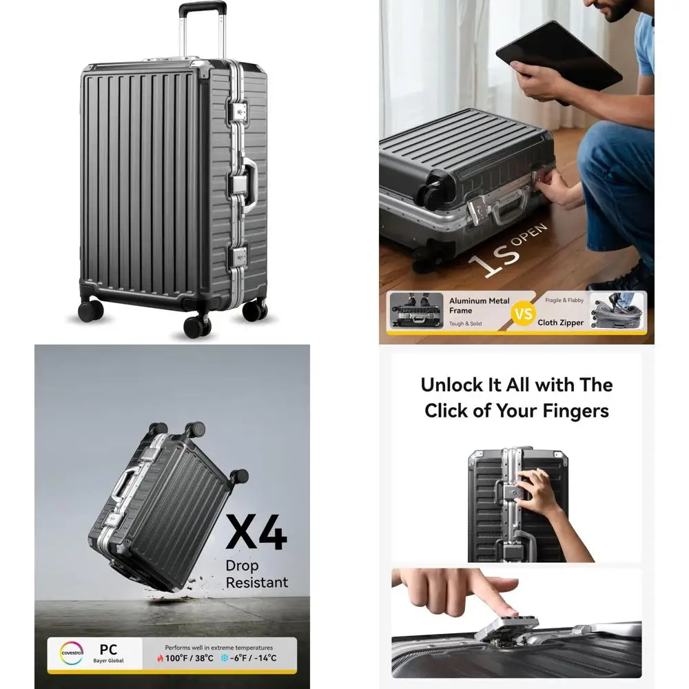 28-Zoll-Spinner-Gepäck mit Aluminiumrahmen, Reißverschlussloser Hartschalenkoffer aus Polycarbonat, Kohlemetall für Reisen