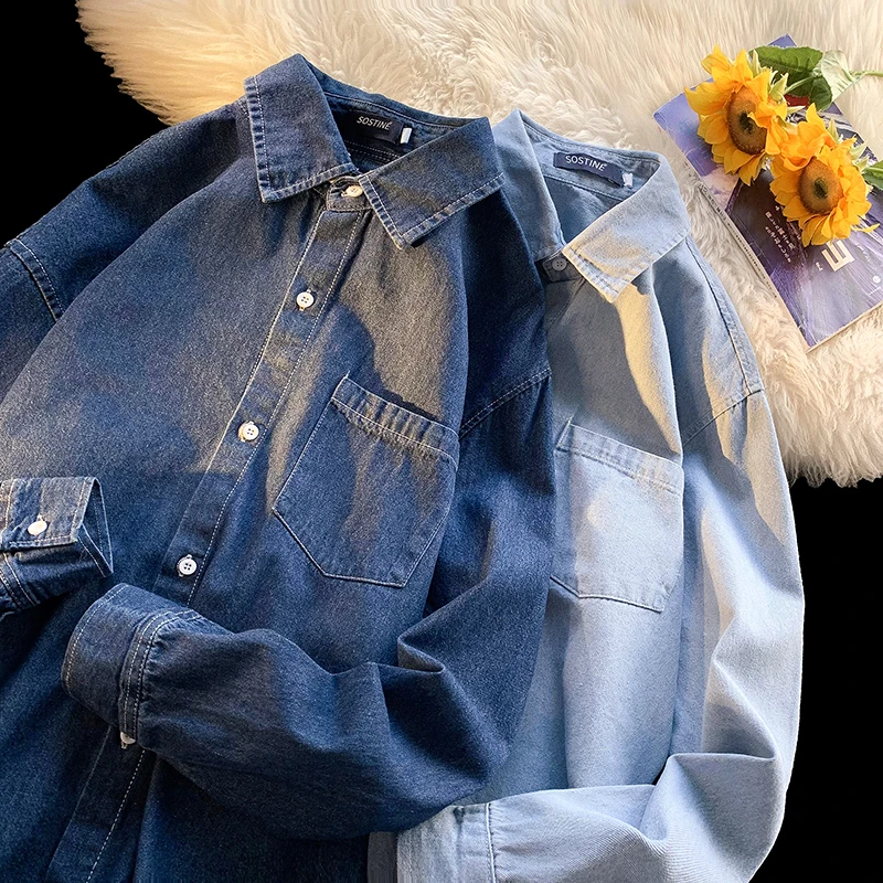 

American Sle Loose Men's Denim irt Vintage Workwear Jaet Spring Autumn New Sle Japanese Retro irt Trendy ket Design