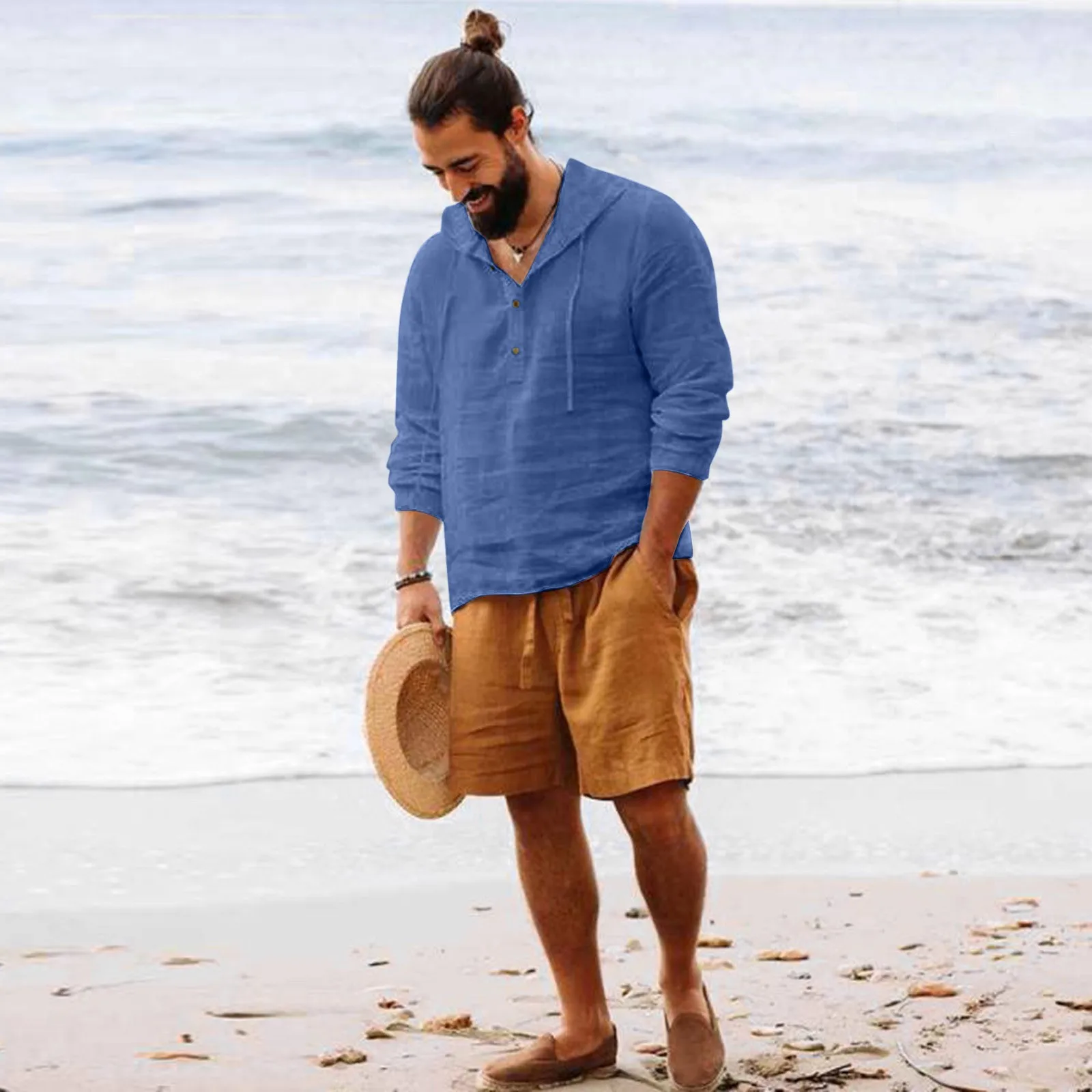

Men Shirt Plus Size Long Sleeve Tops Autumn Hooded Pullovers Solid Color Casual Buttons Vintage Summer Beach Shirts Streetwear