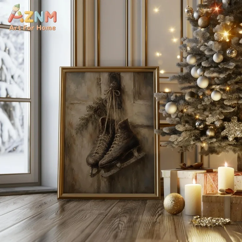 Vintage Ice Skates Canvas Wall Art Rustic Winter Pine Branch Accent Farmhouse Christmas Home Wall Print Unframed Canvas Poster