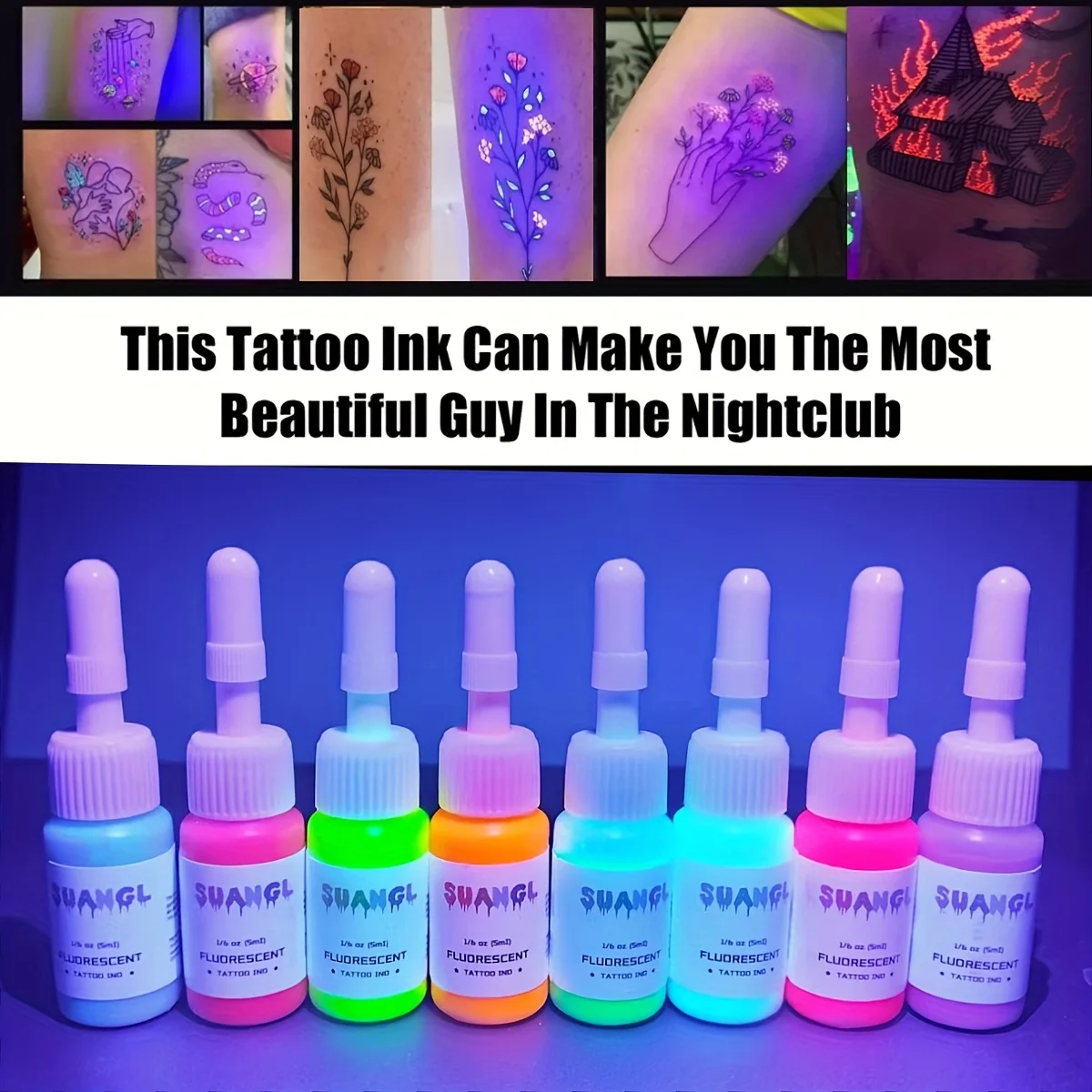 Fluorescent Tattoo Ink Set - 8 Colors That Glow Under Black Light, 5ml (1/6 oz) Bottles.