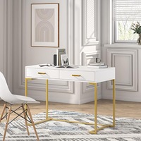 Computer Desk with 2 Drawers, White and Gold Desk Modern Writing Desk Study Table for Home Office, Bedroom(White/Gold)
