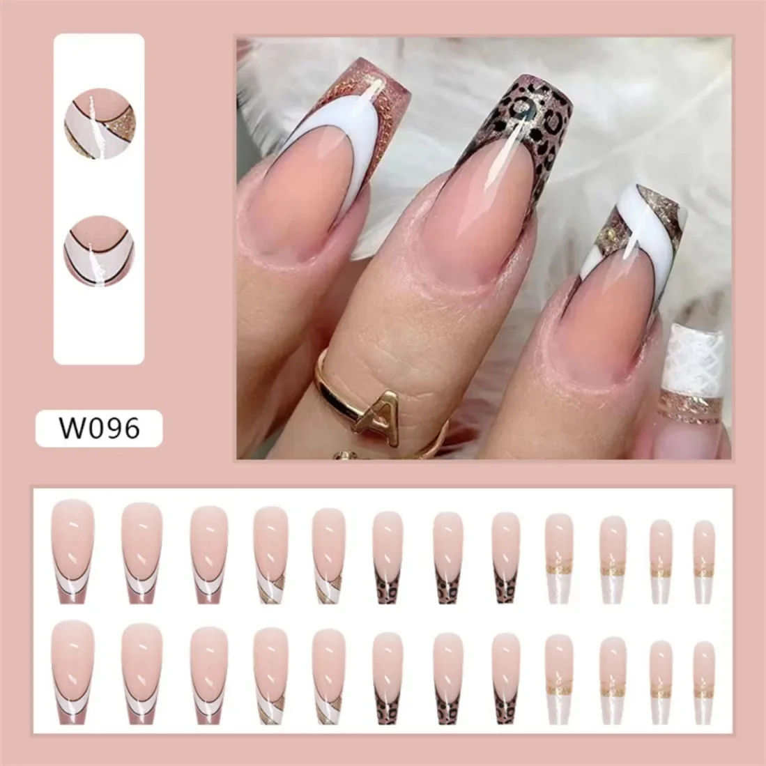 24p Artificial Acrylic Nail Art Fake Nails Full Coverage Removable Pressing Nail Tips Lotus Root Pink Leopard Print False Nails