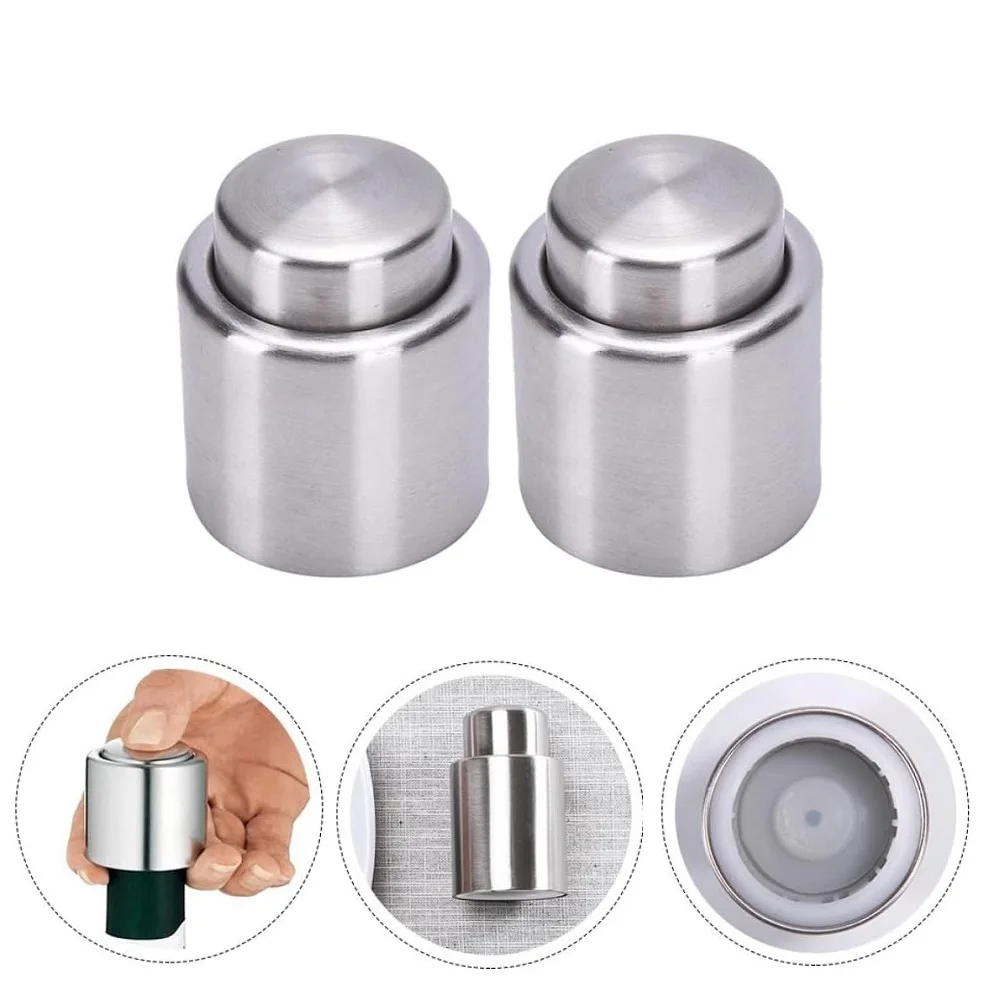 2pcs Stainless Steel Wine Champagne Stopper Leakproof Dustproof Easy-to-Operate Reusable Bottle Sealer Press Type Store Plug