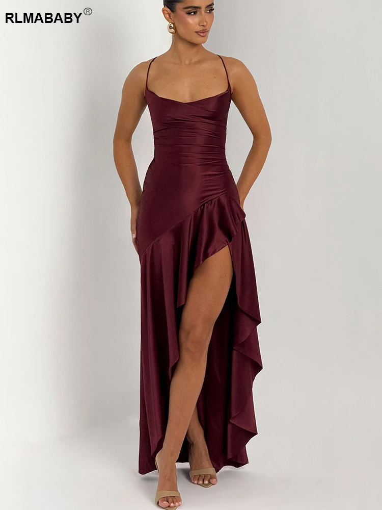 RLMABABY 섹시한 파일 칼라 백리스 프릴 Bodycon 롱 드레스 여성 스파게티 스트랩 민소매 허벅지 하이 스플릿 맥시 드레스 가운