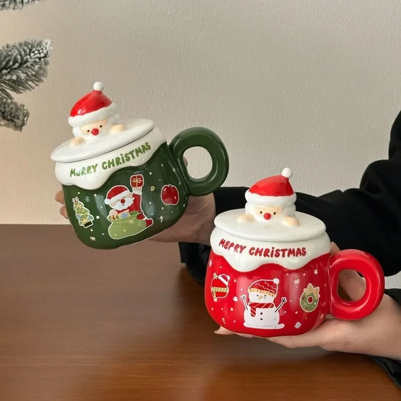 Christmas Gift Santa Claus Reindeer Ceramic Coffee Mug with Lid Spoon Creative Breakfast Drink Mug Afternoon Tea Flower Tea Cup