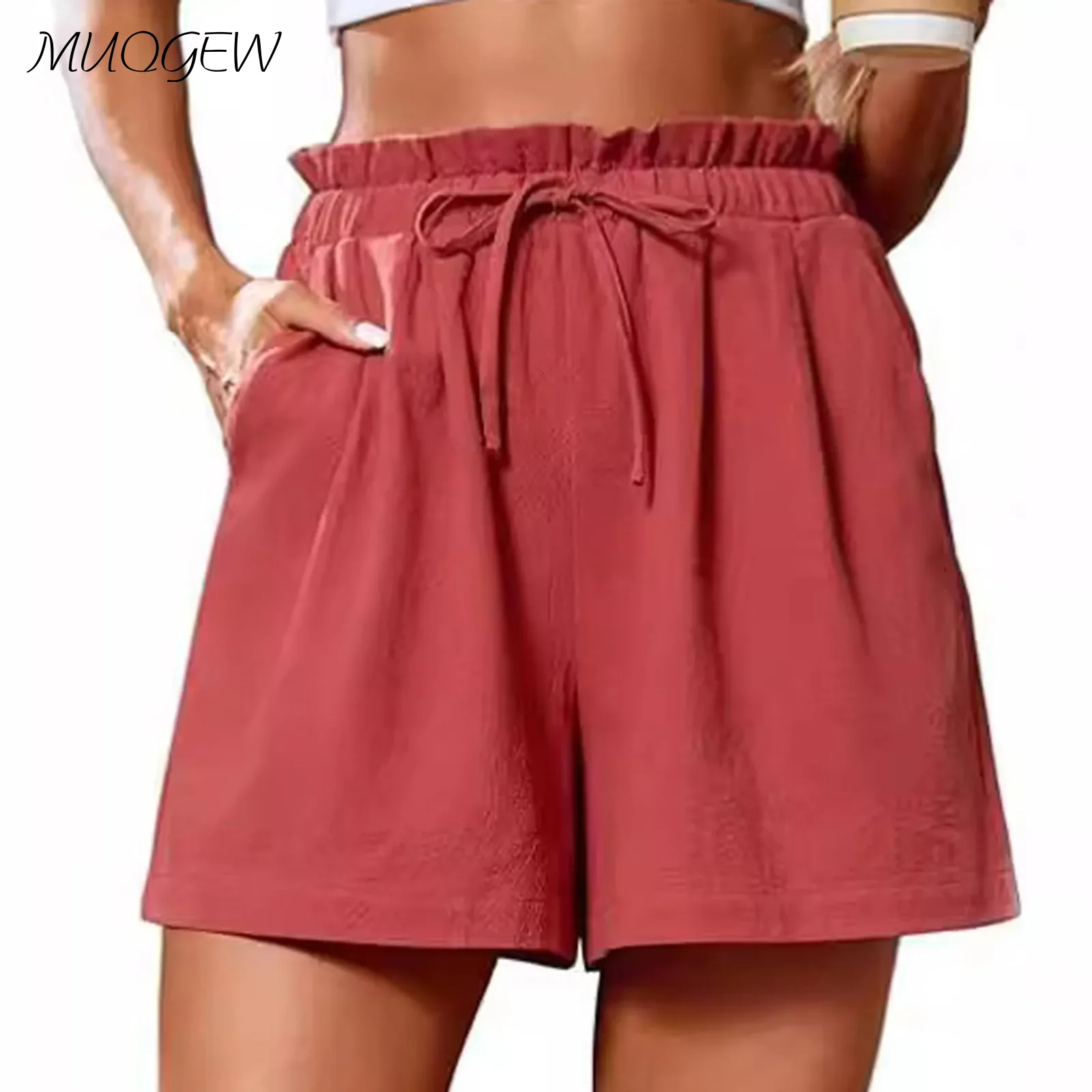 

Women'S Casual Shorts Loose Beach Style Summer New Shorts Drawstring High Waist Solid Color With Pockets 2024 Fashion Shorts