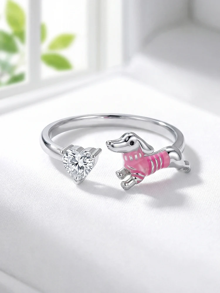 925 Silver Plated Pink Sweater Sausage Dog Love Heart Adjustable Ring For Women Anniversary Fashion Minimalism Fashion Jewelry