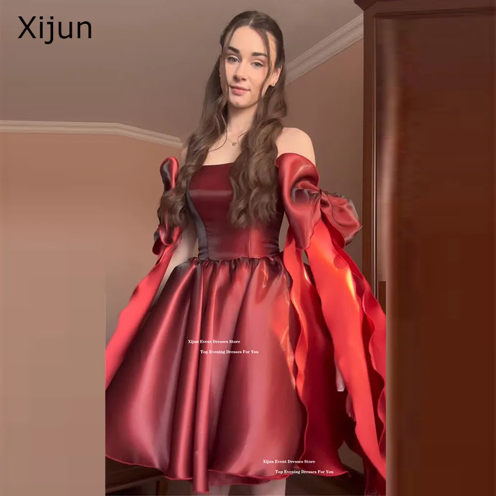 

Xijun Modern Red Short Evening Dresses Bow Strap A-Line Mini Prom Dresses Formal Shiny Mini Birthday Party Gowns 2026 Customized